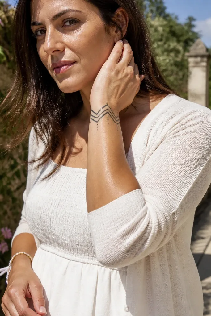 Chevron bracelet across the wrist with dot trails leading toward the knuckles.