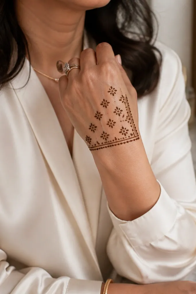 Small floral motifs arranged in a grid corner with a simple border line.