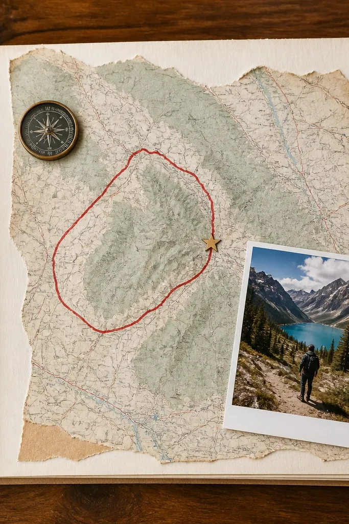 A printed map with curved lines pointing to a small and label