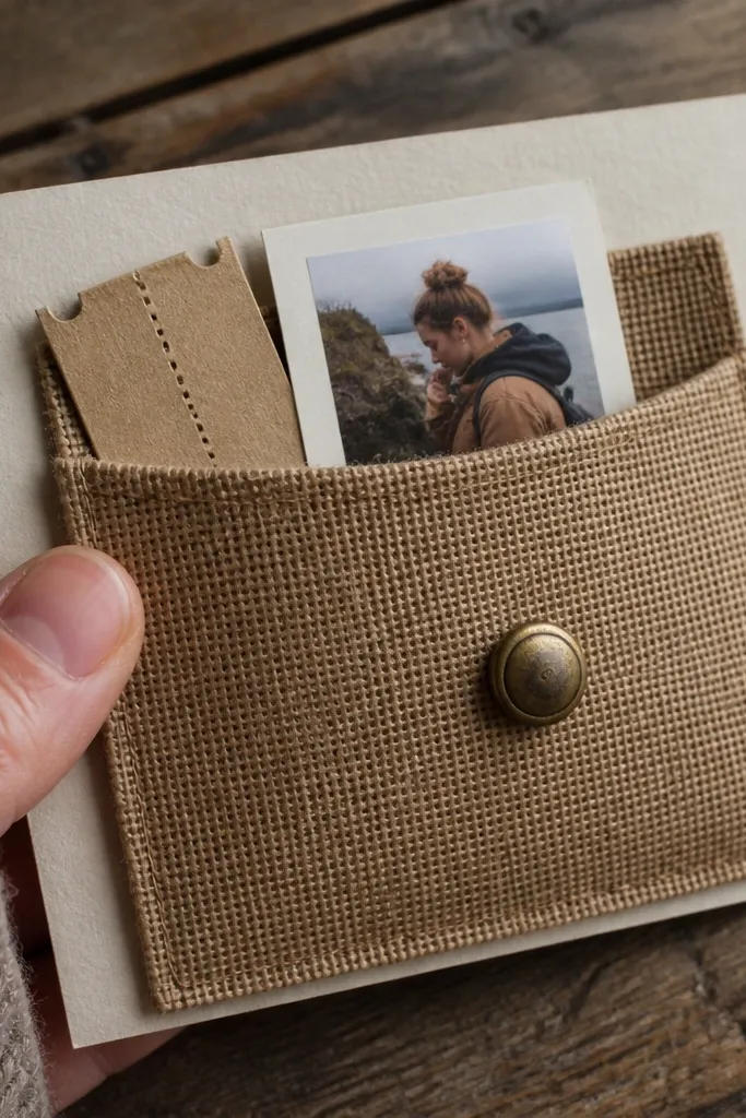 A burlap pocket with a small button and a card inside