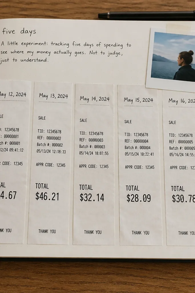 A vertical timeline made from receipt strips with dates and small icons