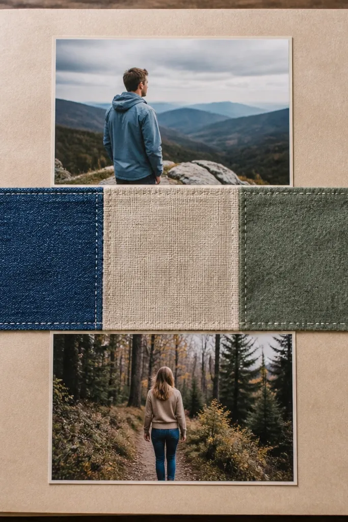 A strip of fabric scraps across a scrapbook page with a centered