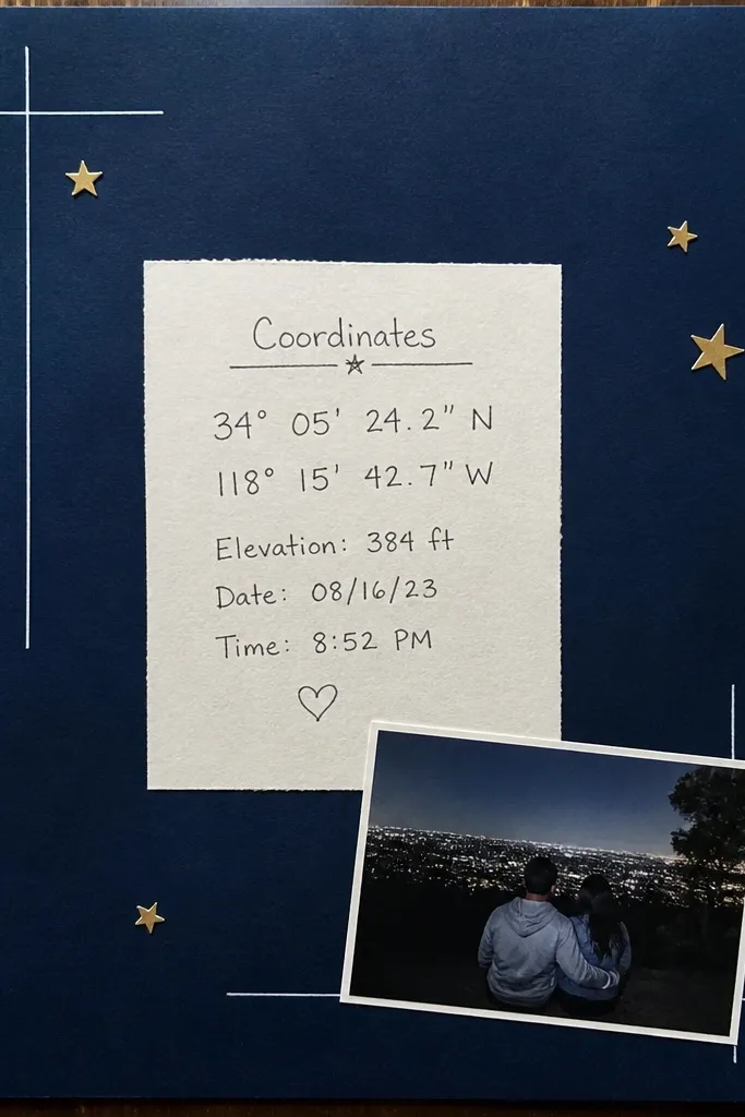 Coordinates text with small star stickers and a night-sky style background
