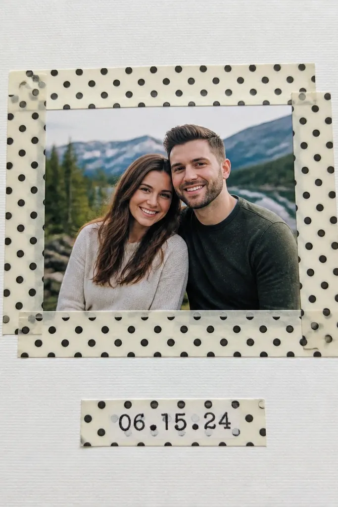 A centered inside a washi tape frame with a small date label
