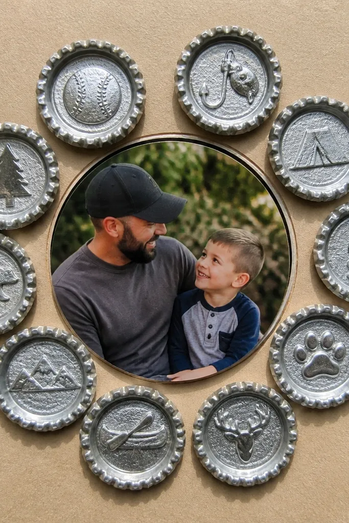 A circular layout with bottle cap style accents and a centered