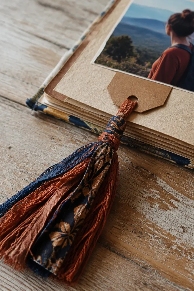 A tassel made from fabric scraps attached to a page with a and label