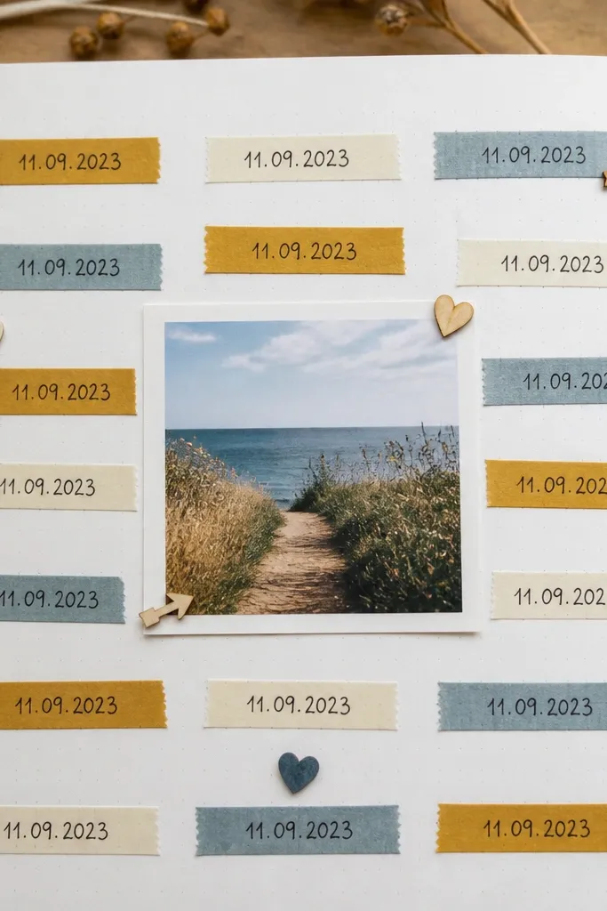 Small date labels made from strips of washi tape with handwritten text