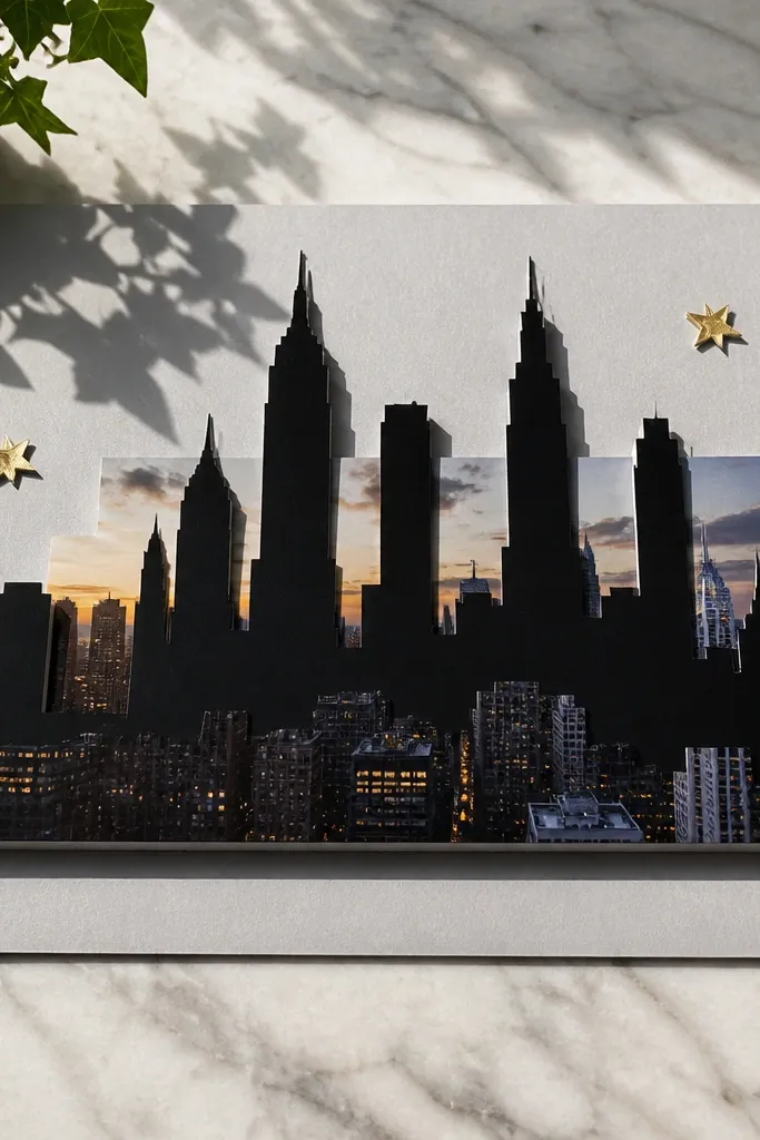 A skyline silhouette layered with foam tape above a