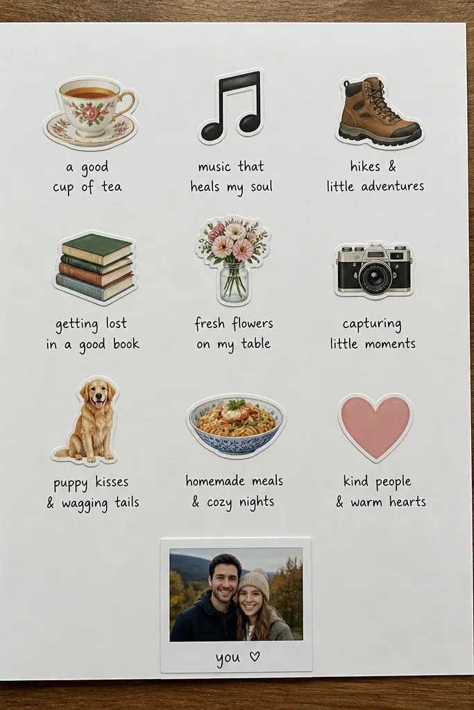 A grid of icons with short handwritten words and one centered
