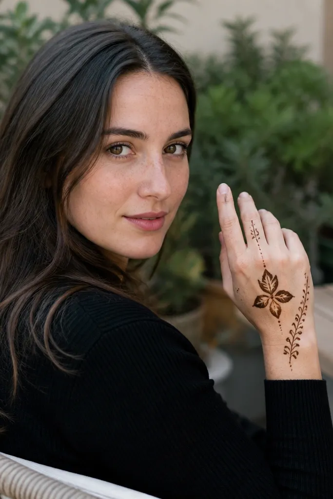 Back hand mehndi with a three-petal center flower and thin side vines