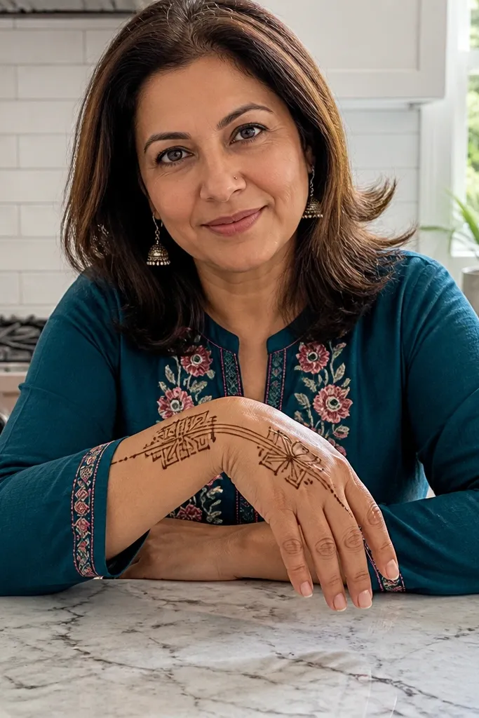 Back hand mehndi with horizontal geometric bands and a bow-tie center shape