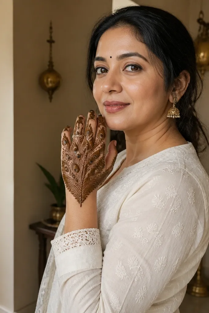 Peacock feather style mehndi fan on the back of the hand with dot accents
