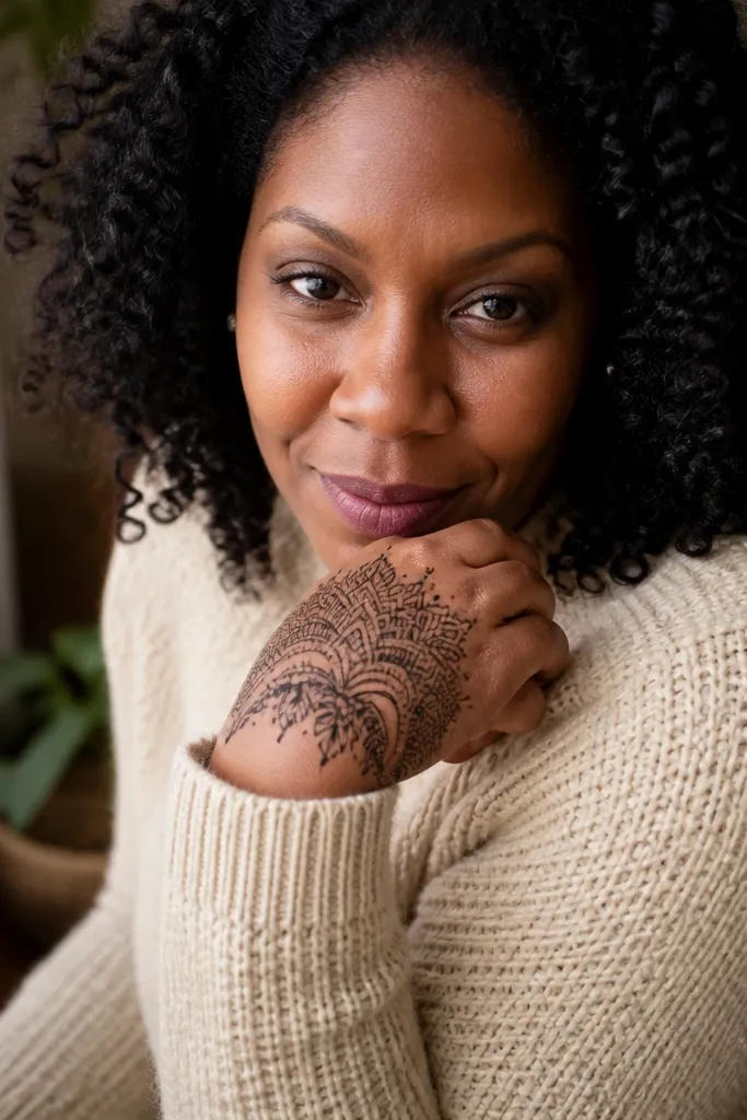 Half mandala design on the back of the hand with clean outlines and small dots