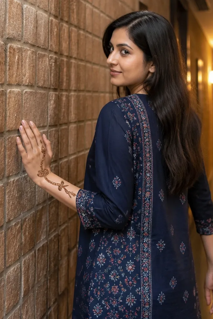 Back hand mehndi with a rope-like vine and two knot shapes