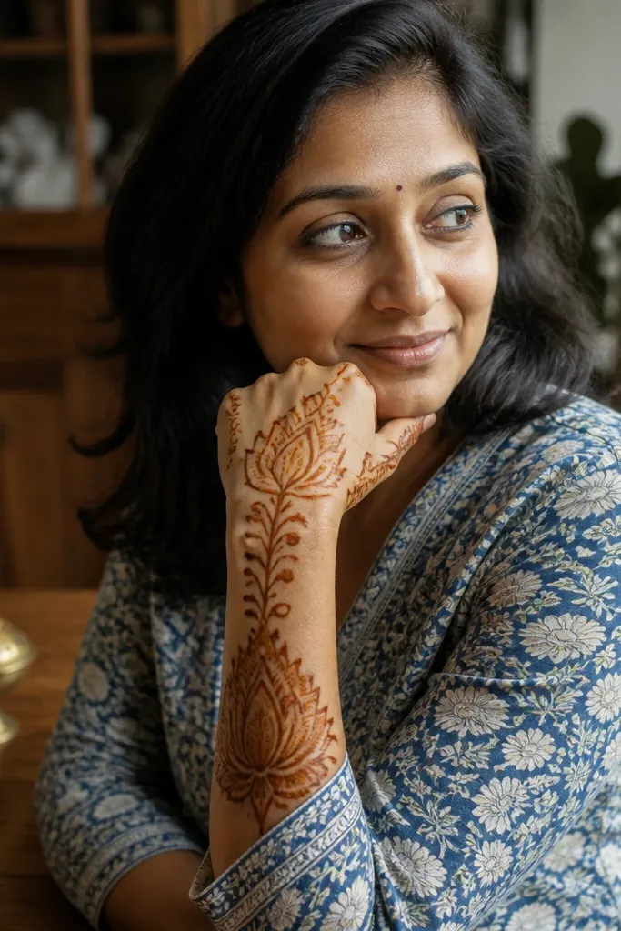 Lotus bloom near the wrist with upward stems reaching toward the knuckles