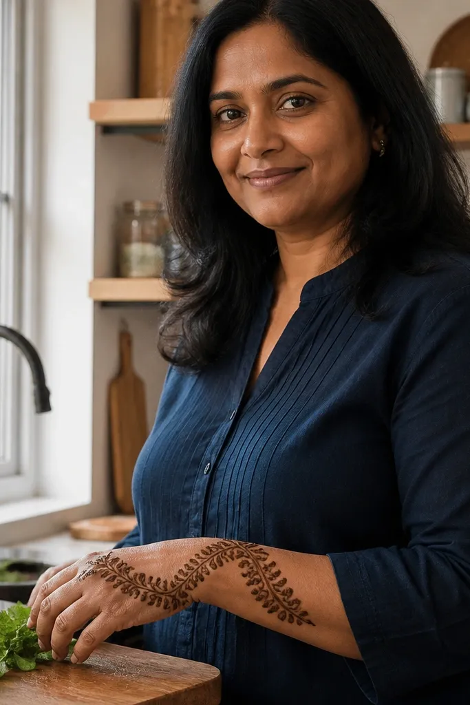 Back hand mehndi with vine lines and three repeating leaf bands