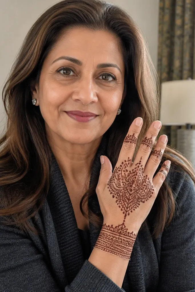 Half coverage back hand mehndi with knuckle outline and wrist cuff