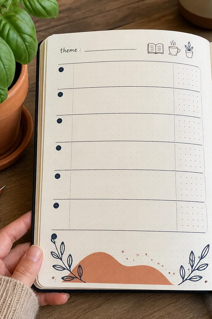 A bullet journal weekly theme page with a three-icon header in color blocks.