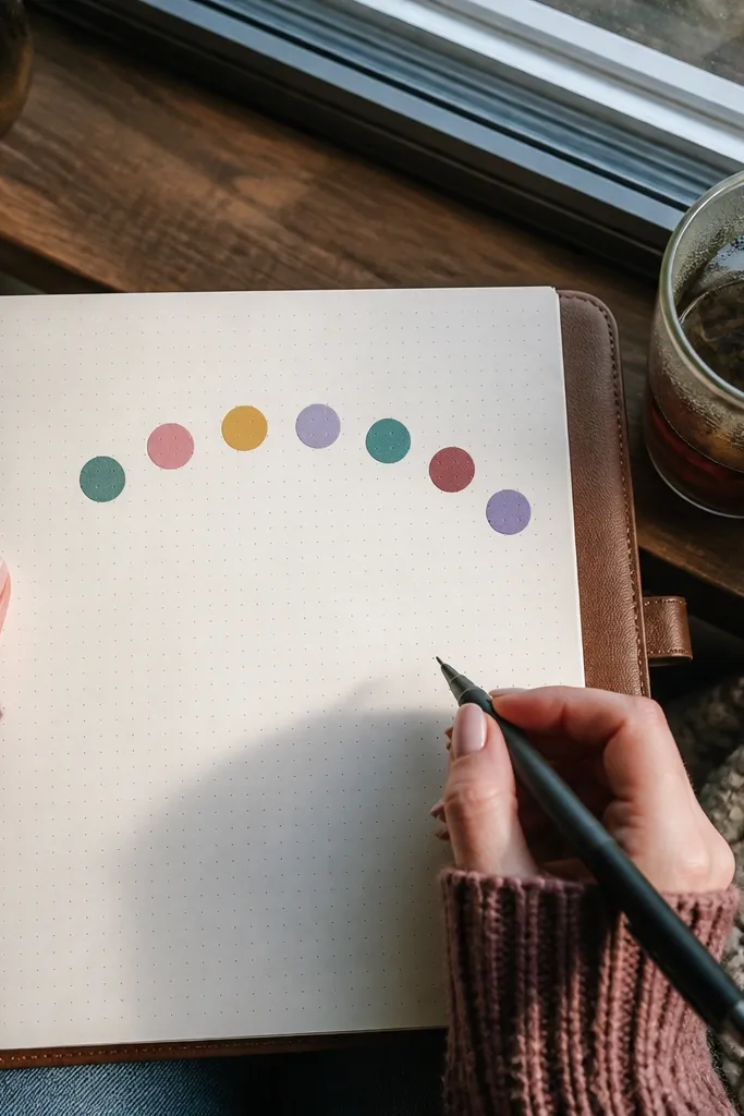 A mood tracker with seven small colored swatches arranged in a ring shape.