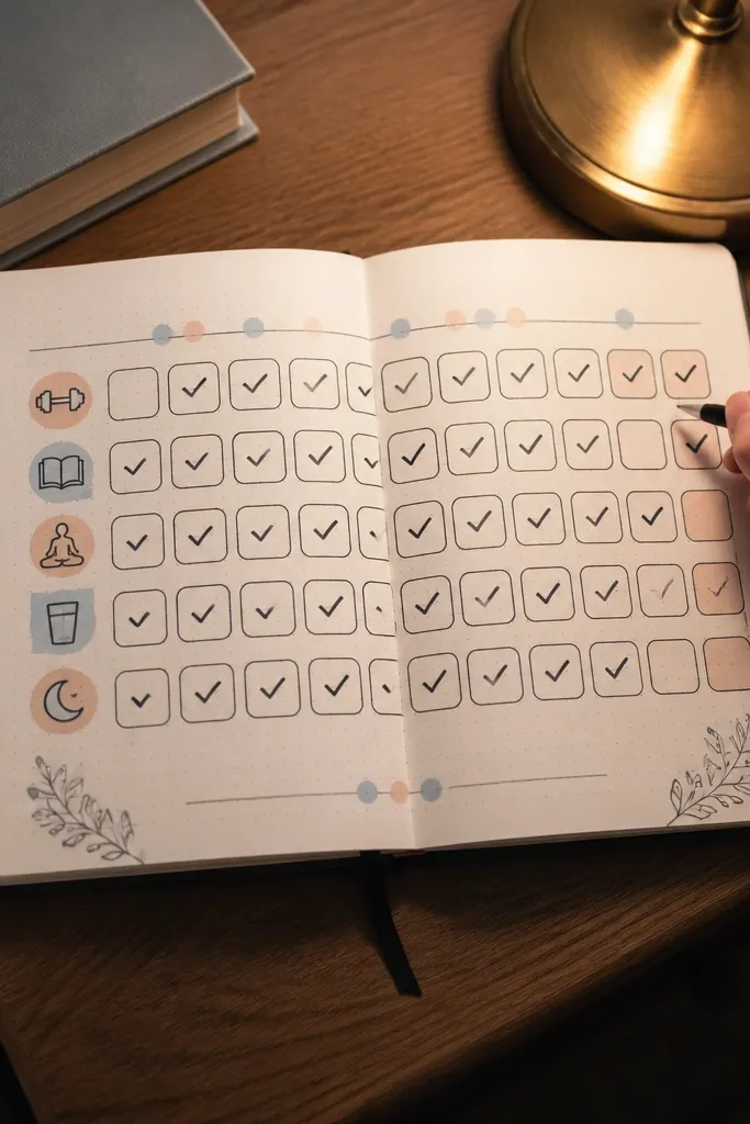 A habit tracker grid with rounded corners and neat checkmarks.