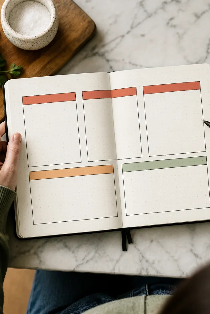 A meal plan page with five bento-style frames for meals and snacks.