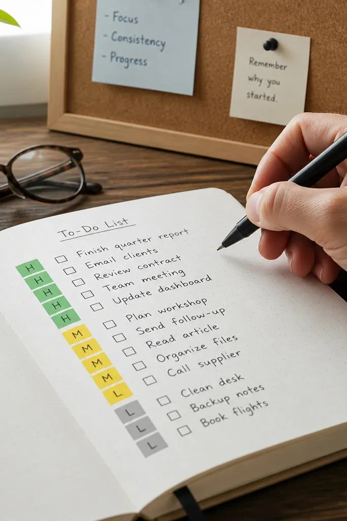 A to-do list where each task has a small colored priority band at the left.