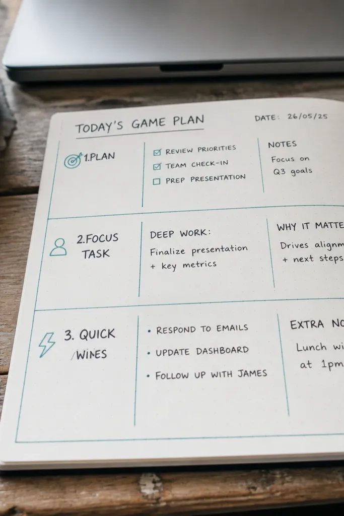A daily page with three stacked rows connected like a simple flow chart.