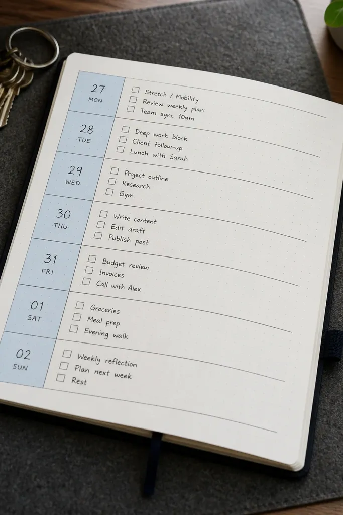 A weekly checklist with dates in a left margin column and tasks in aligned rows.