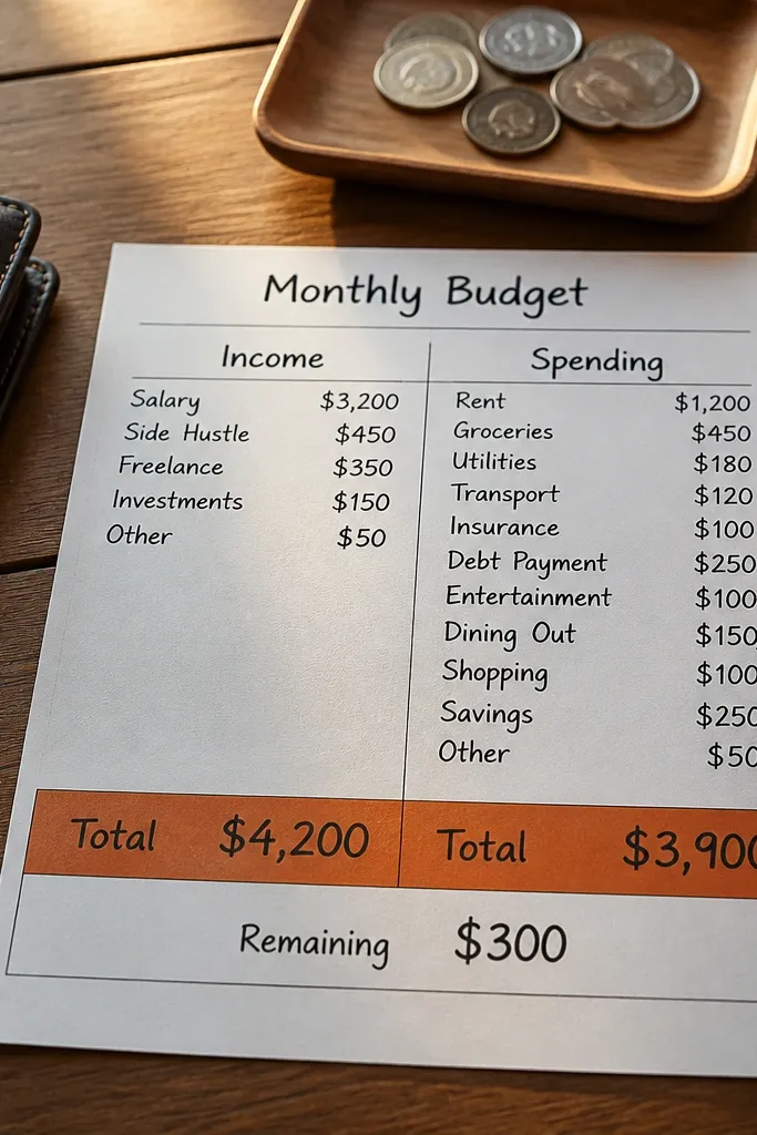 A budget mini spread with two columns and a bold totals row.