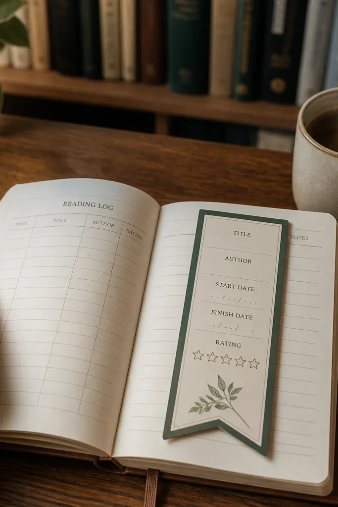 A reading log page with a bookmark-shaped card containing title and rating fields.