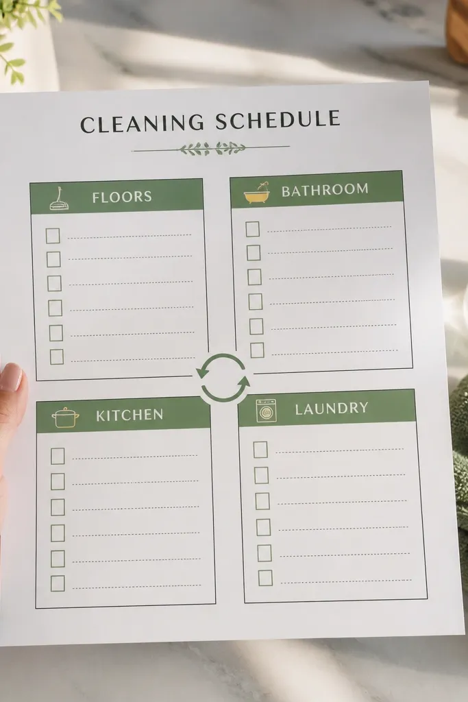 A cleaning schedule page with four boxes labeled for rotation days.