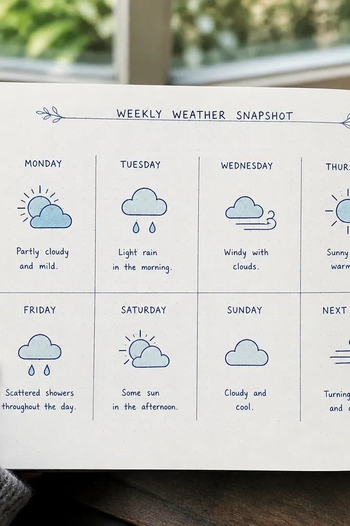 A weekly page with tiny weather icons in a grid and a short notes line.