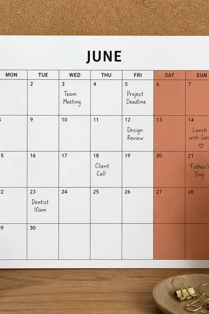 A monthly calendar grid with weekends color-blocked in two-tone accents.