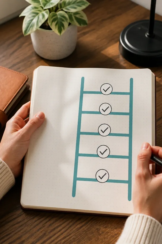 A goal ladder diagram with five steps and empty check circles.
