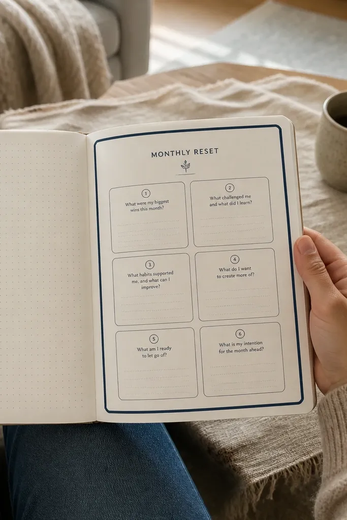 A monthly reset page with a large box containing six short questions.