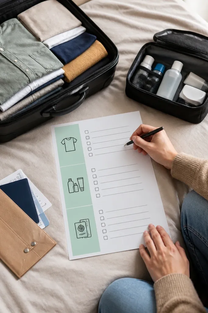 A packing checklist page with icon sidebars and checkboxes for each item.