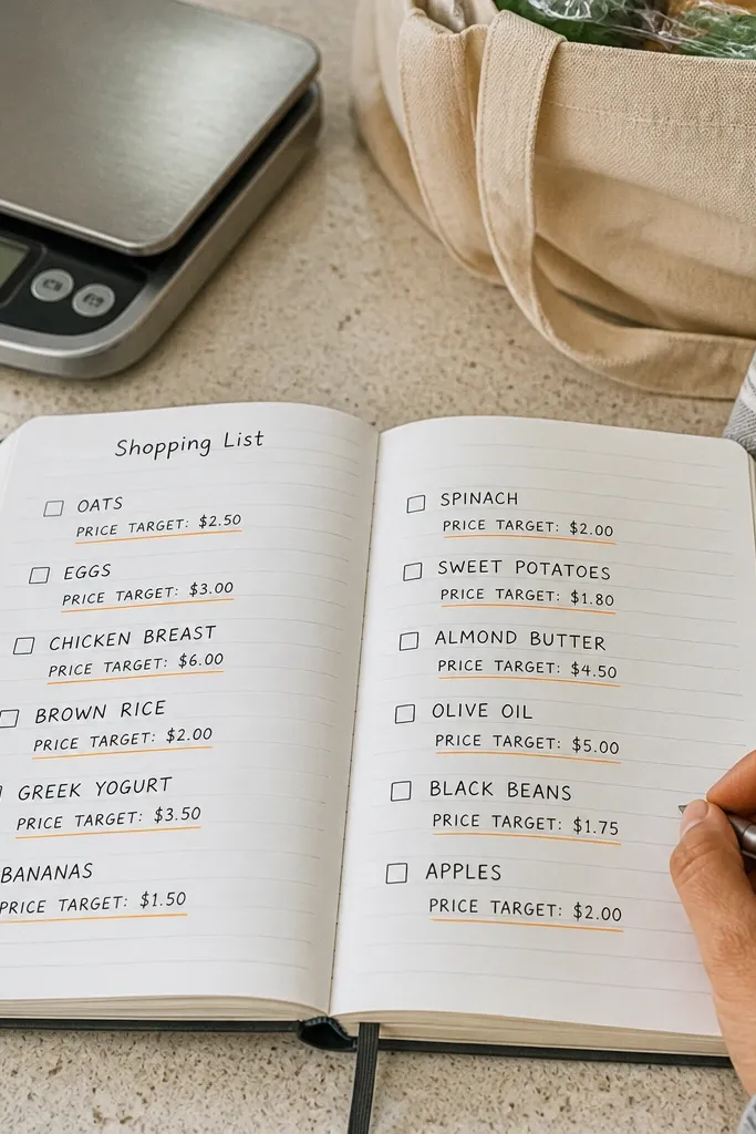 A shopping list page where each item has a small price target line.