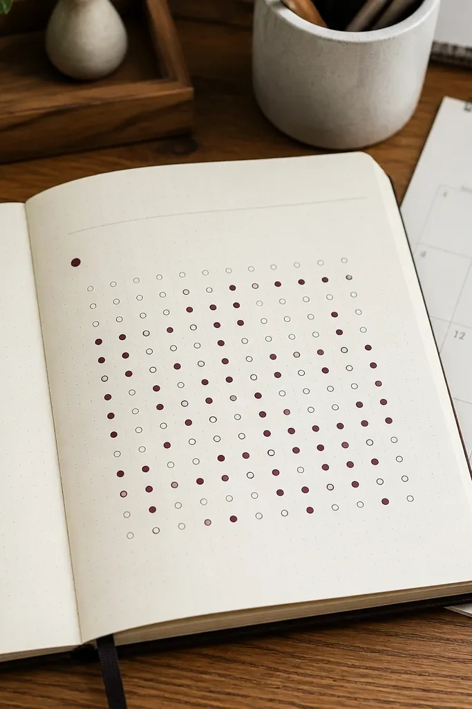 A monthly habit review page with a dot grid map for each habit.