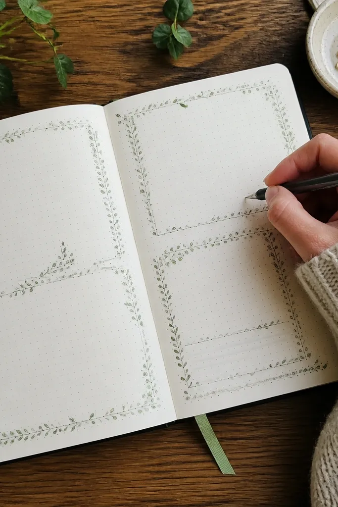 A journal page with a sketched vine border along the edges and small leaves.