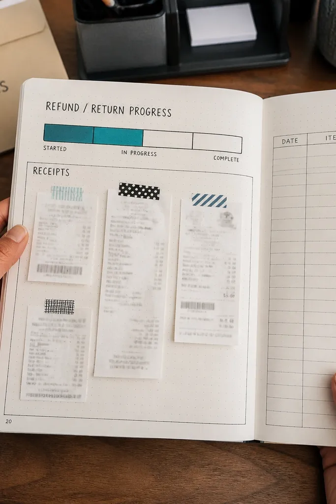 Small grid ledger for receipts with a refund status bar and totals.