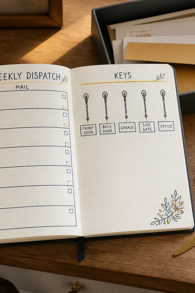 Weekly page with two side checklists for mail and keys and a stamped time strip.