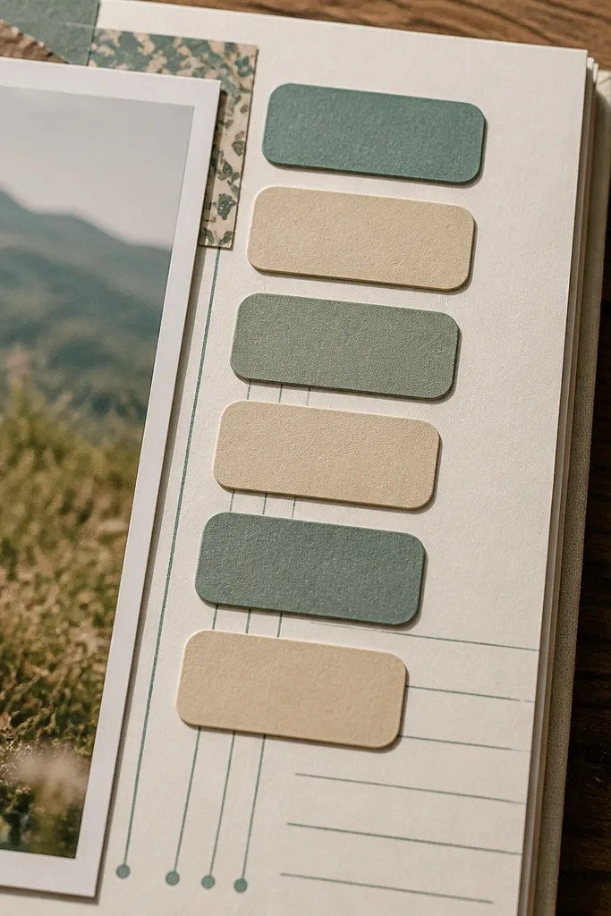 A scrapbook page with sticker labels and thin ink lines matching the label colors