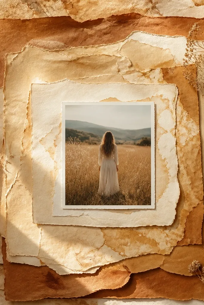 A scrapbook page with layered tea-stained paper creating a light-to-dark background
