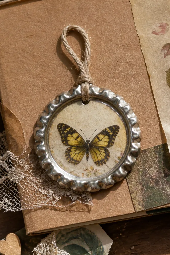 A scrapbook page with a bottle cap charm attached with thread and a small