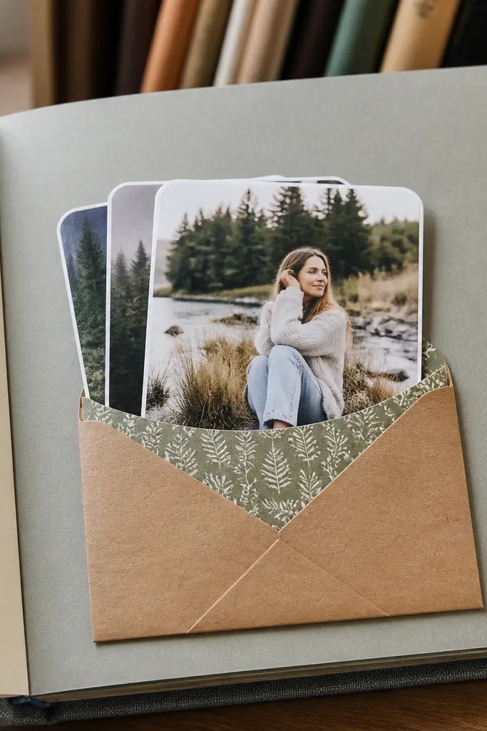 A page with a small envelope pocket holding several mini photos