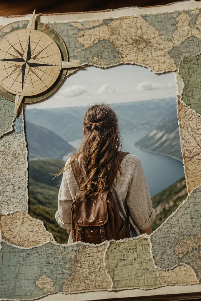 A page with a map border and a bold title in a compass-like layout