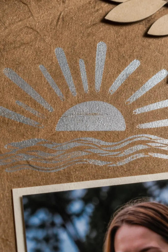 A page with a coffee sleeve material mat and a metallic-looking stamped title