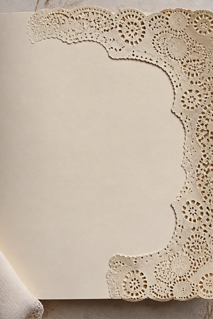 A scrapbook page edge with a lace-like doily trim and a centered