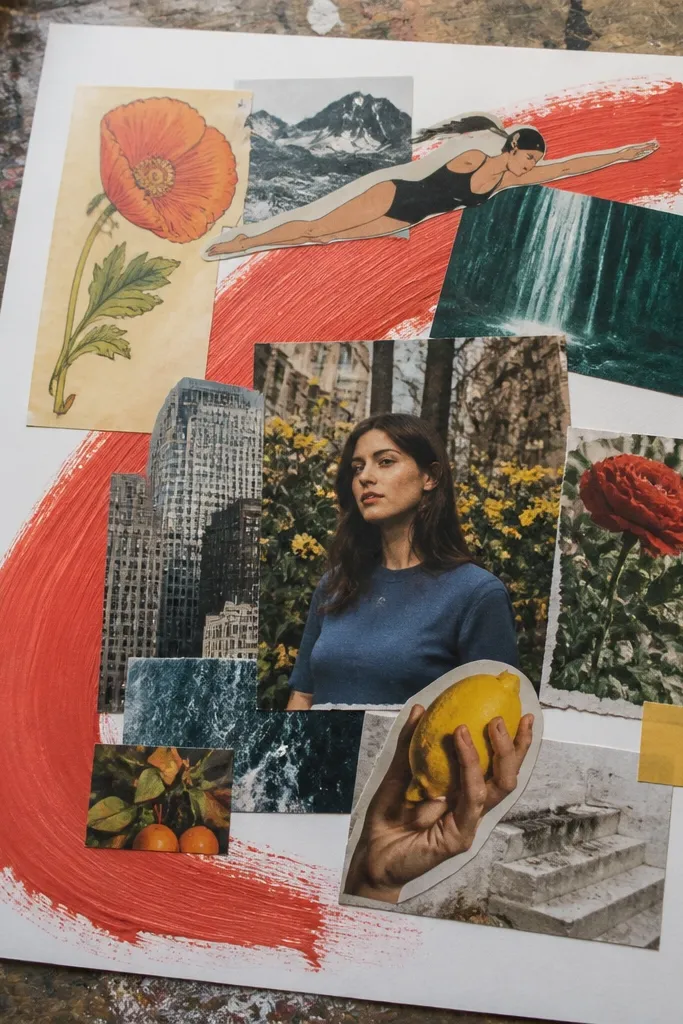 A page with a paint swipe behind a cluster of magazine cutouts and a