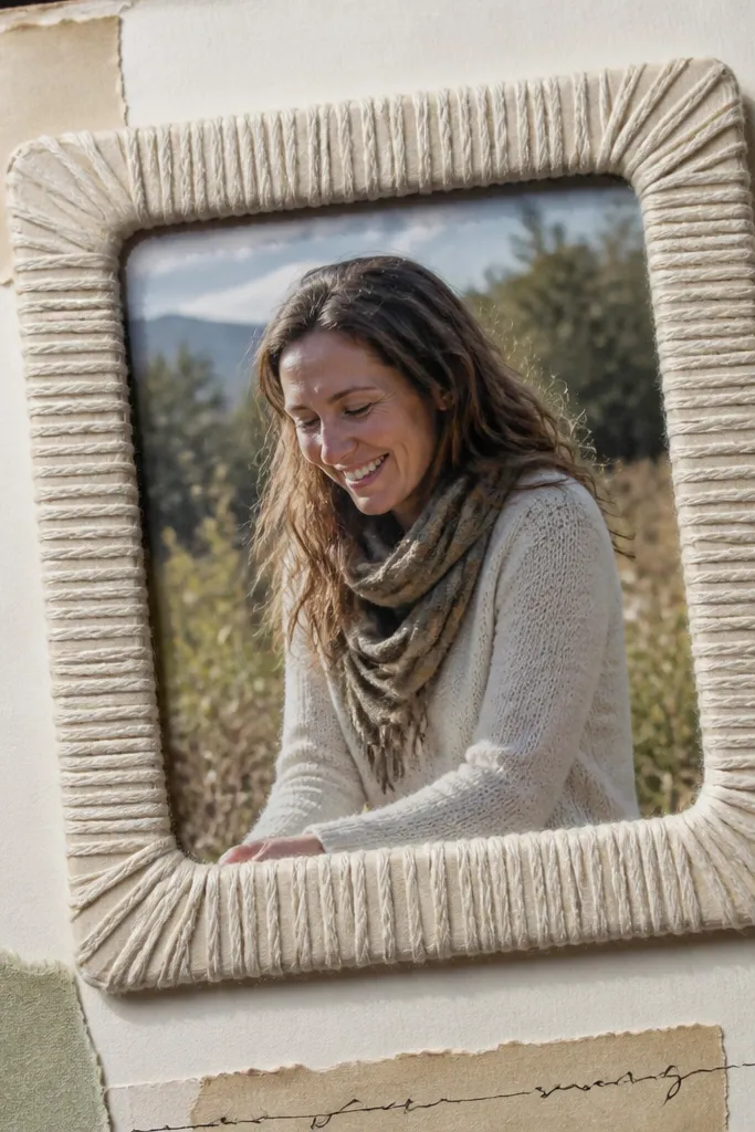 A page with a inside a cardstock frame wrapped in thread